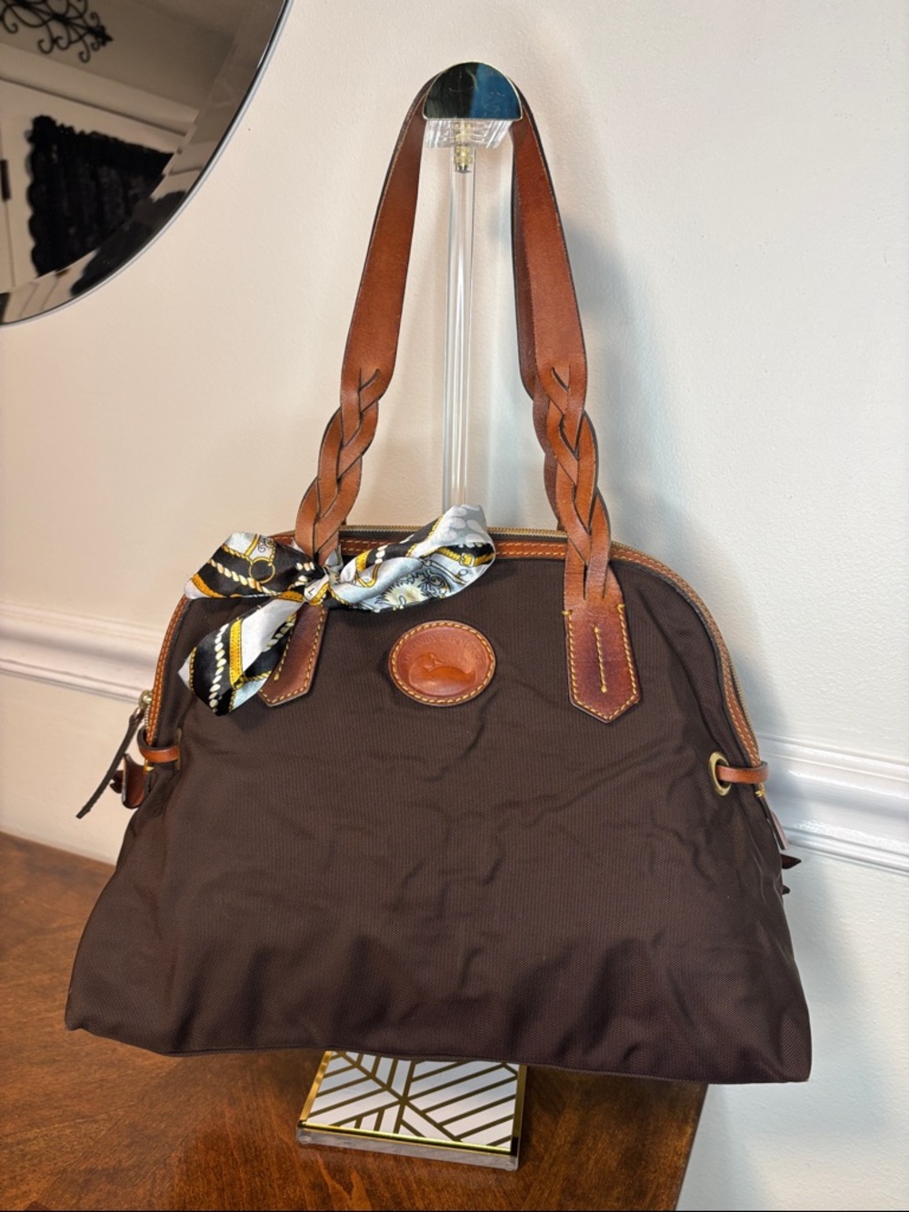 🔥LOW START Dooney & Bourke brown nylon domed satchel w/ braided leather handles - Picture 2 of 16